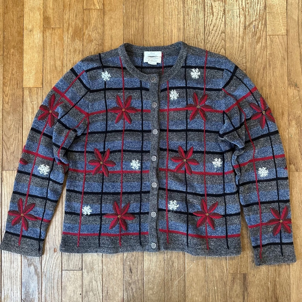Vtg Hand Embroidered Plaid Snowflake Poinsettia Holiday‎ Christmas Sweater M